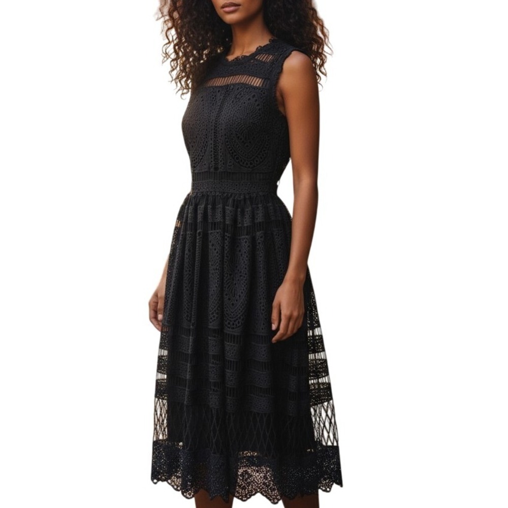 Boohoo Black Sleeveless Lace Midi Dress Mock Neck Fit Flare Elegant Occasion 4